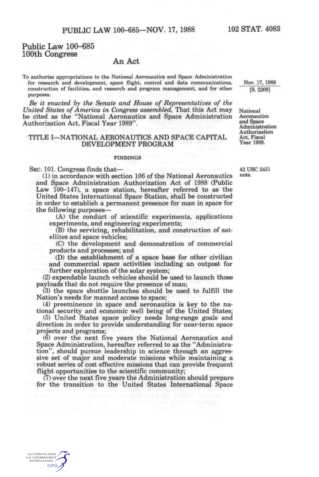 PUBLIC LAW 100-685—NOV. 17, 1988 102 STAT. 4083 Public Law 100-685 100Th Congress an Act