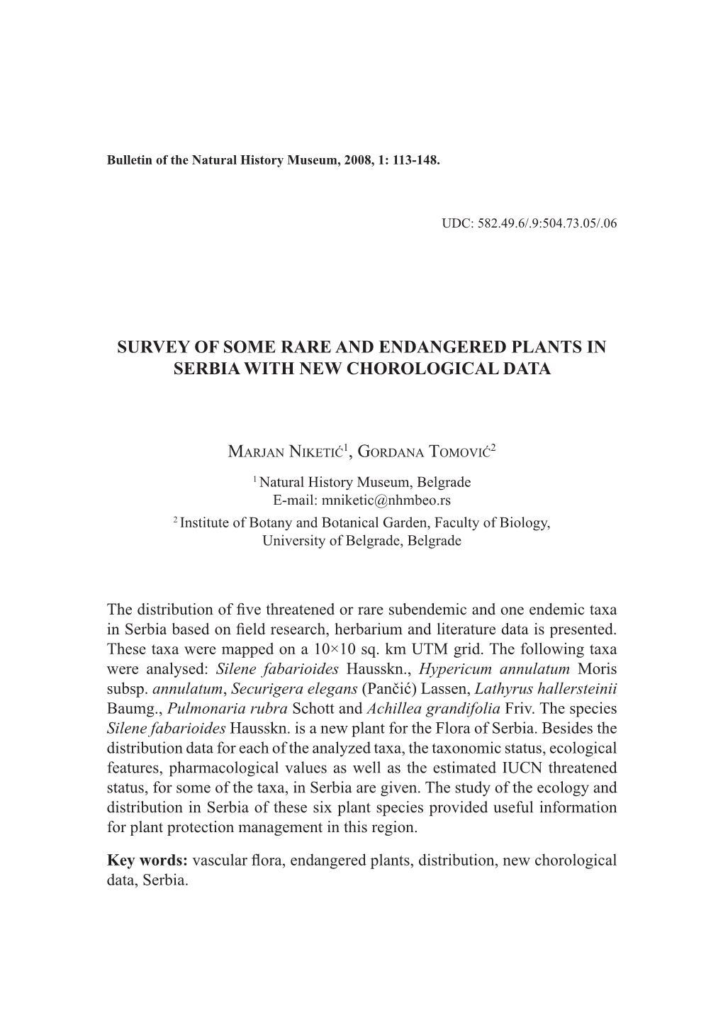 Survey of Some Rare and Endangered Plants in Serbia with New Chorological Data