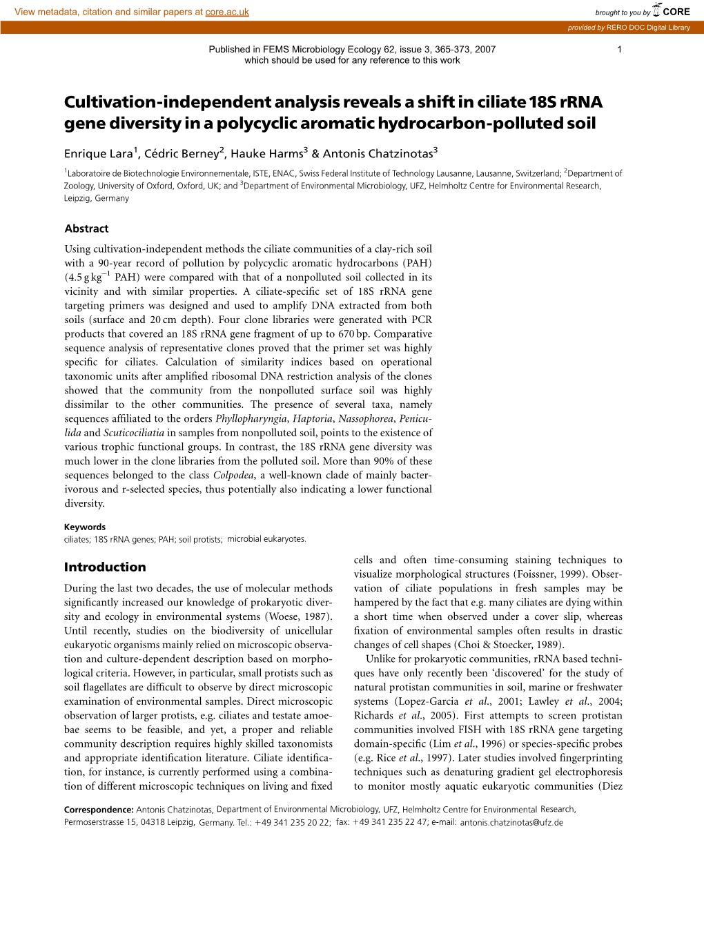 Cultivation-Independent Analysis Reveals a Shift in Ciliate 18S