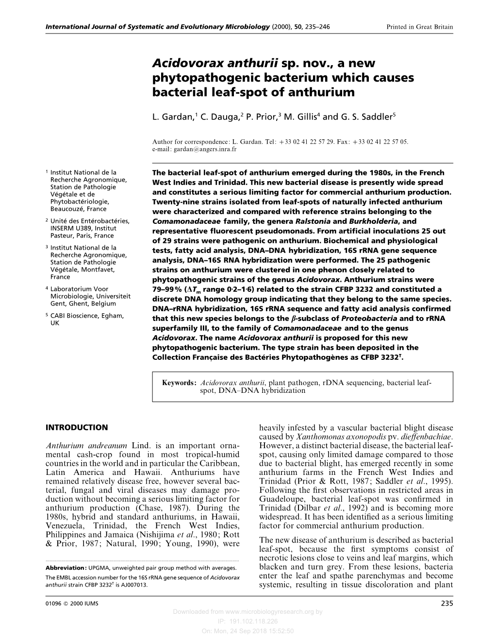 Acidovorax Anthurii Sp. Nov., a New Phytopathogenic Bacterium Which Causes Bacterial Leaf-Spot of Anthurium
