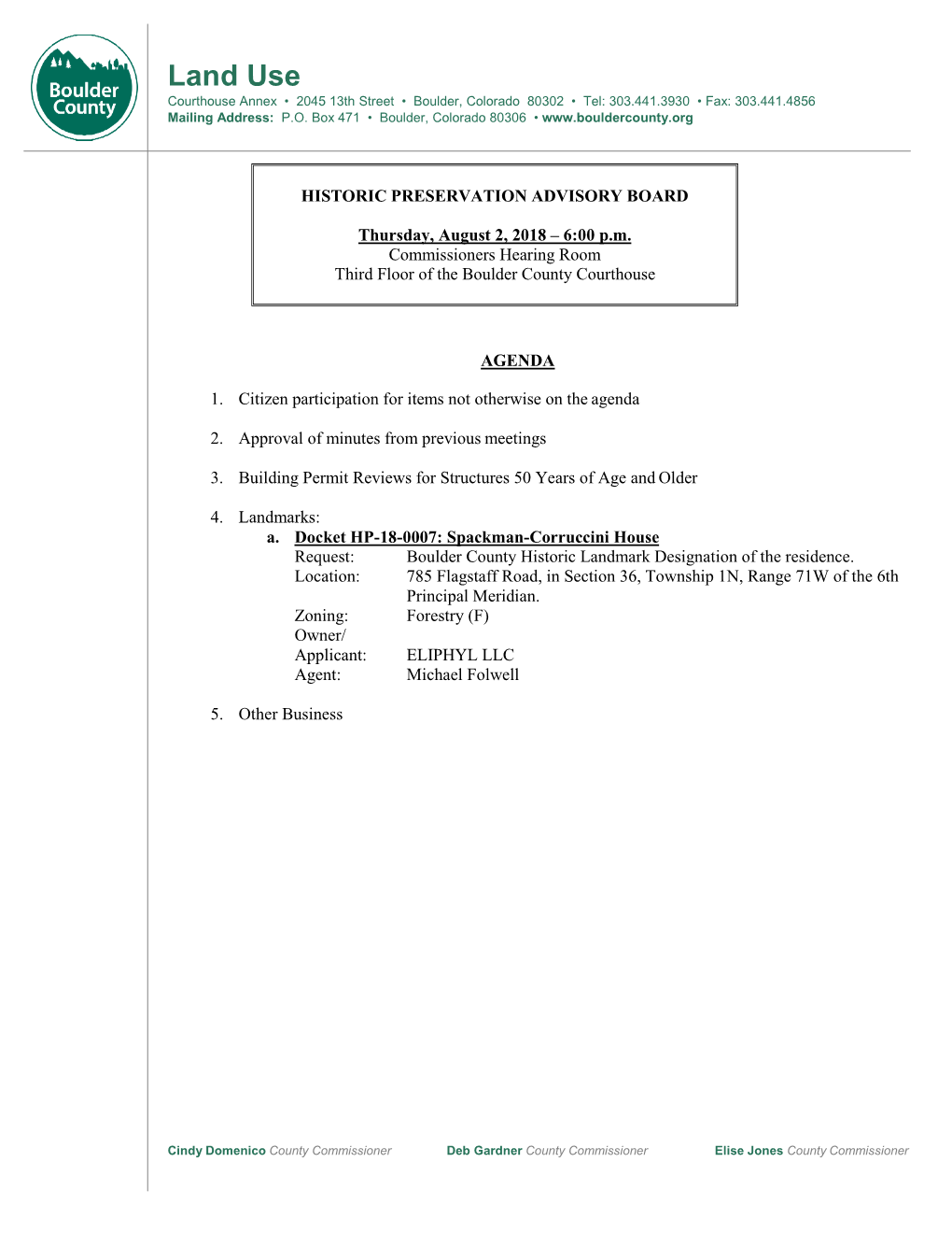 Historic Preservation Advisory Board Agenda and Packet, August 2, 2018