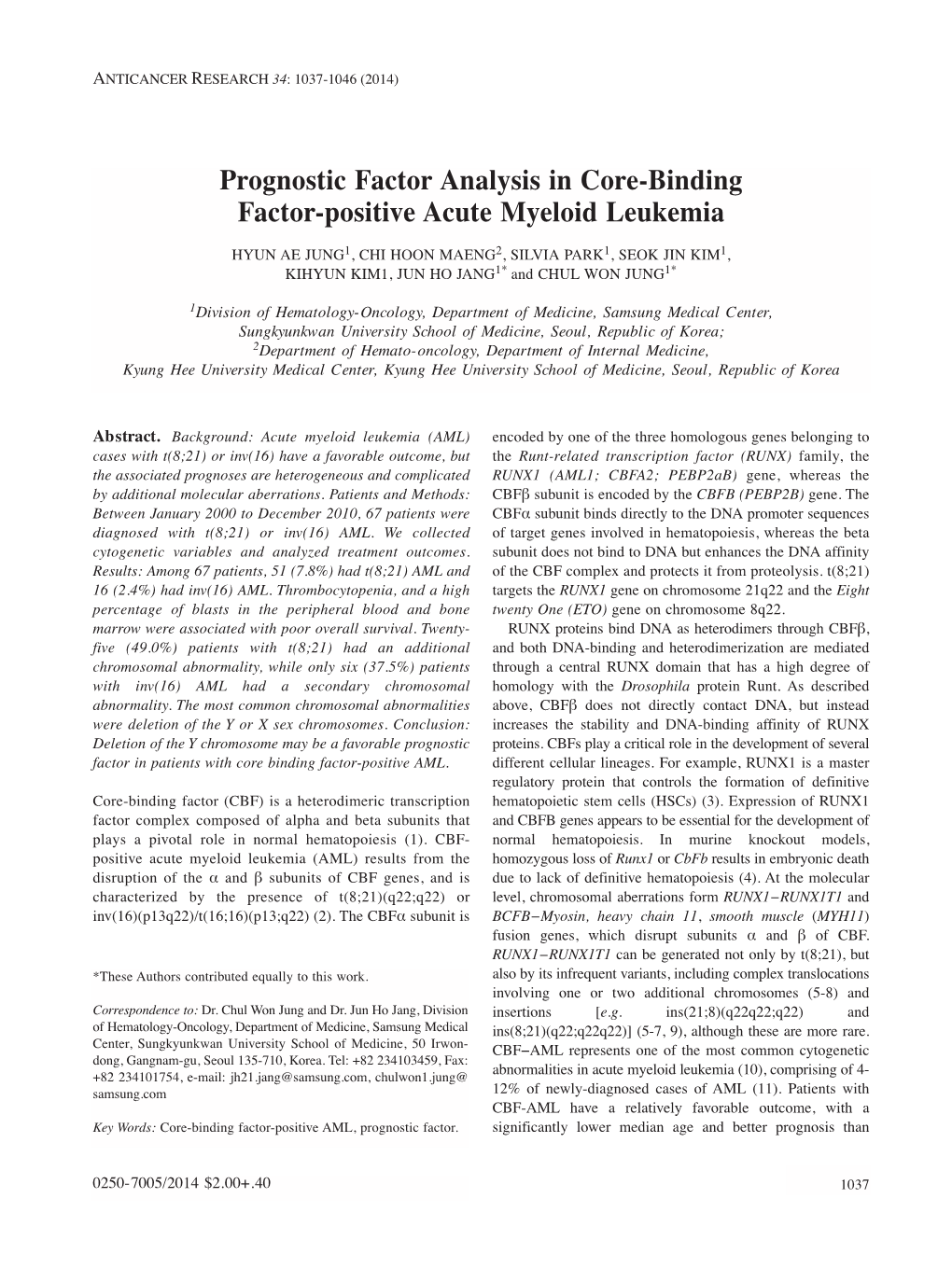 Prognostic Factor Analysis in Core-Binding Factor-Positive Acute Myeloid Leukemia