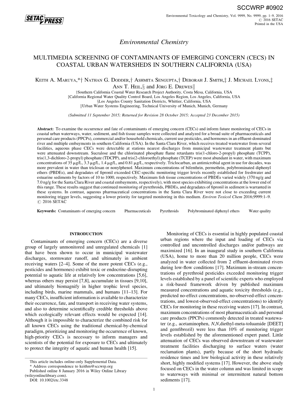 Multimedia Screening of Contaminants of Emerging Concern (Cecs) in Coastal Urban Watersheds in Southern California (Usa)