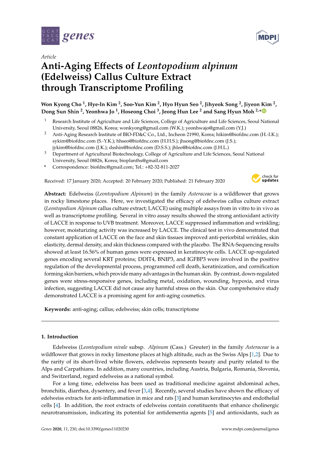 Anti-Aging Effects of Leontopodium Alpinum (Edelweiss) Callus Culture