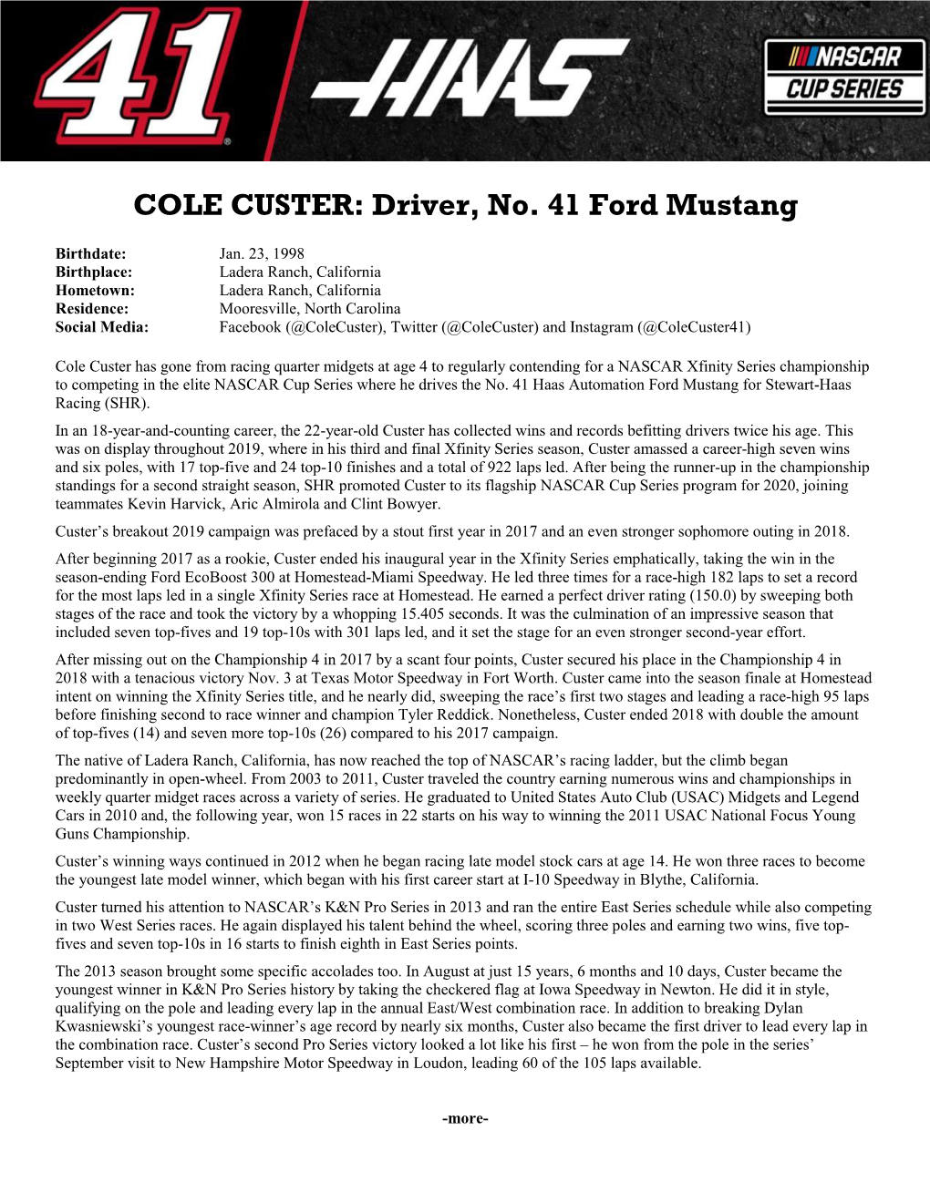 COLE CUSTER: Driver, No