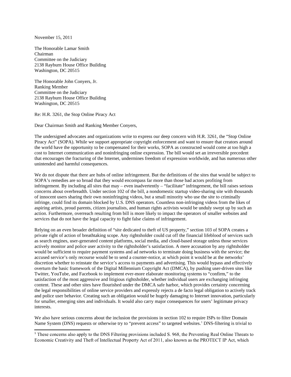 Stop Online Piracy Act Coalition Letter