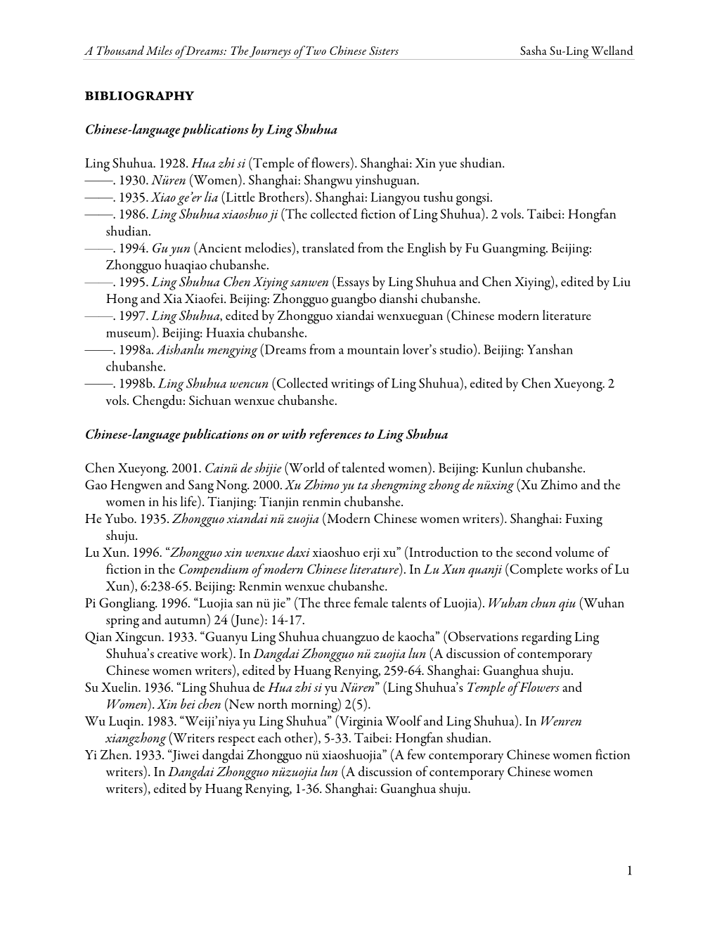 1 BIBLIOGRAPHY Chinese-Language Publications by Ling Shuhua Ling