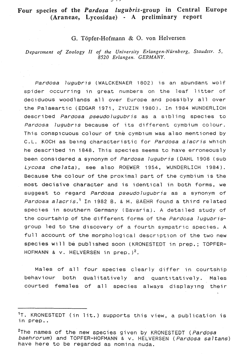 Four Species of the Pardosa Lugubris-Group in Central Europe (Araneae, Lycosidae) a Preliminary Report