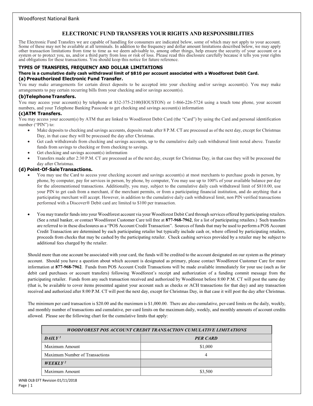 Woodforest National Bank ELECTRONIC FUND TRANSFERS