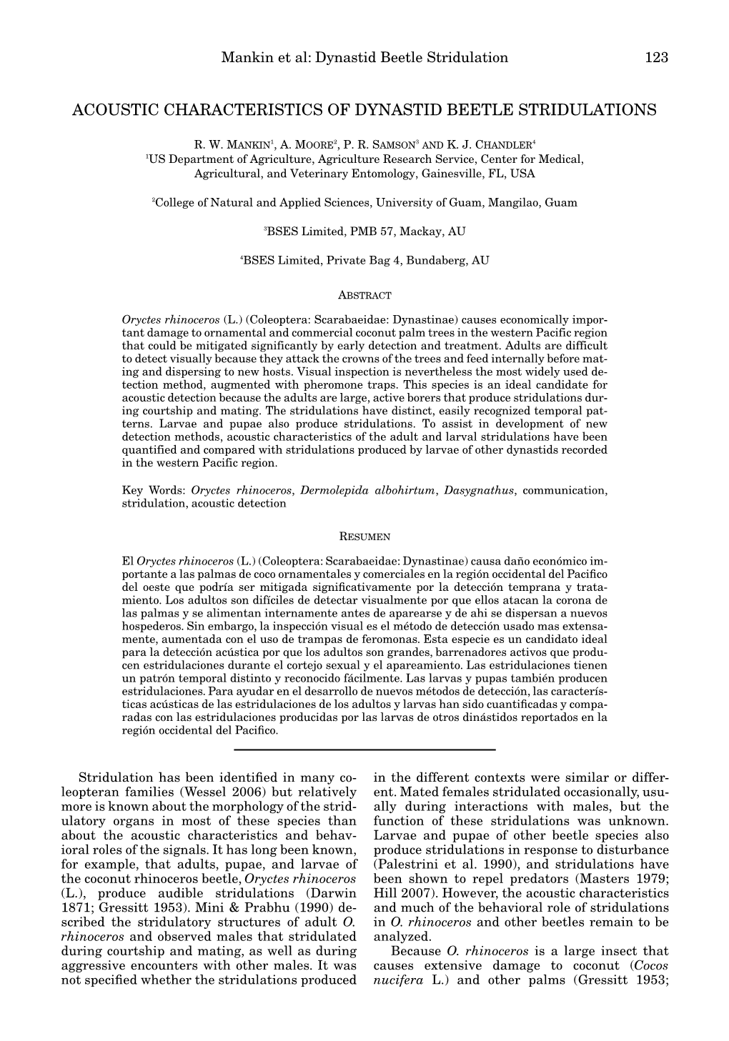 Acoustic Characteristics of Dynastid Beetle Stridulations