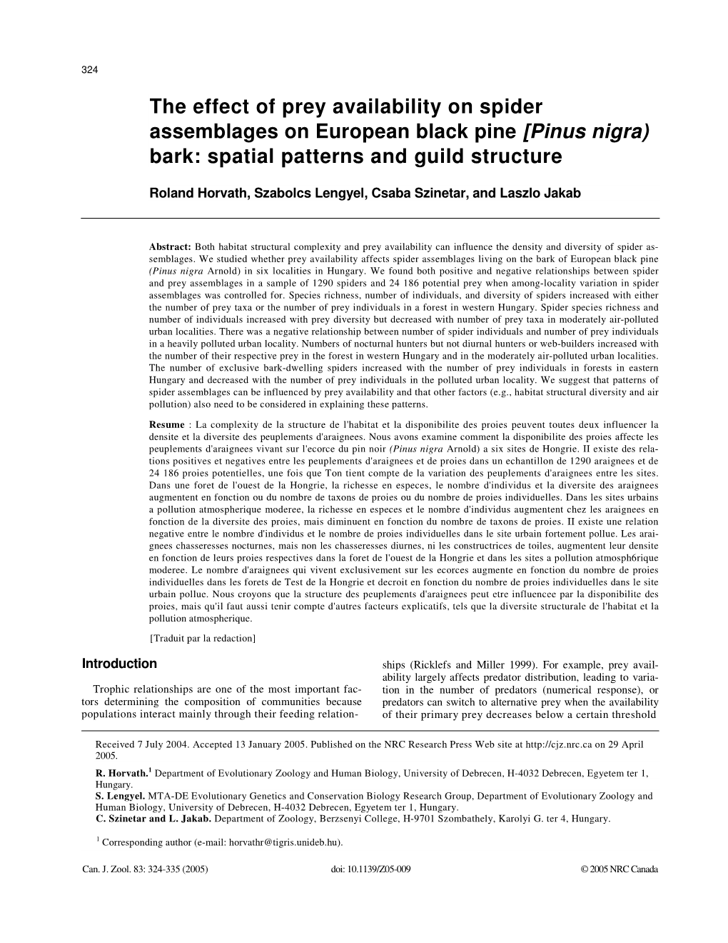 The Effect of Prey Availability on Spider Assemblages on European Black Pine [Pinus Nigra) Bark: Spatial Patterns and Guild Structure