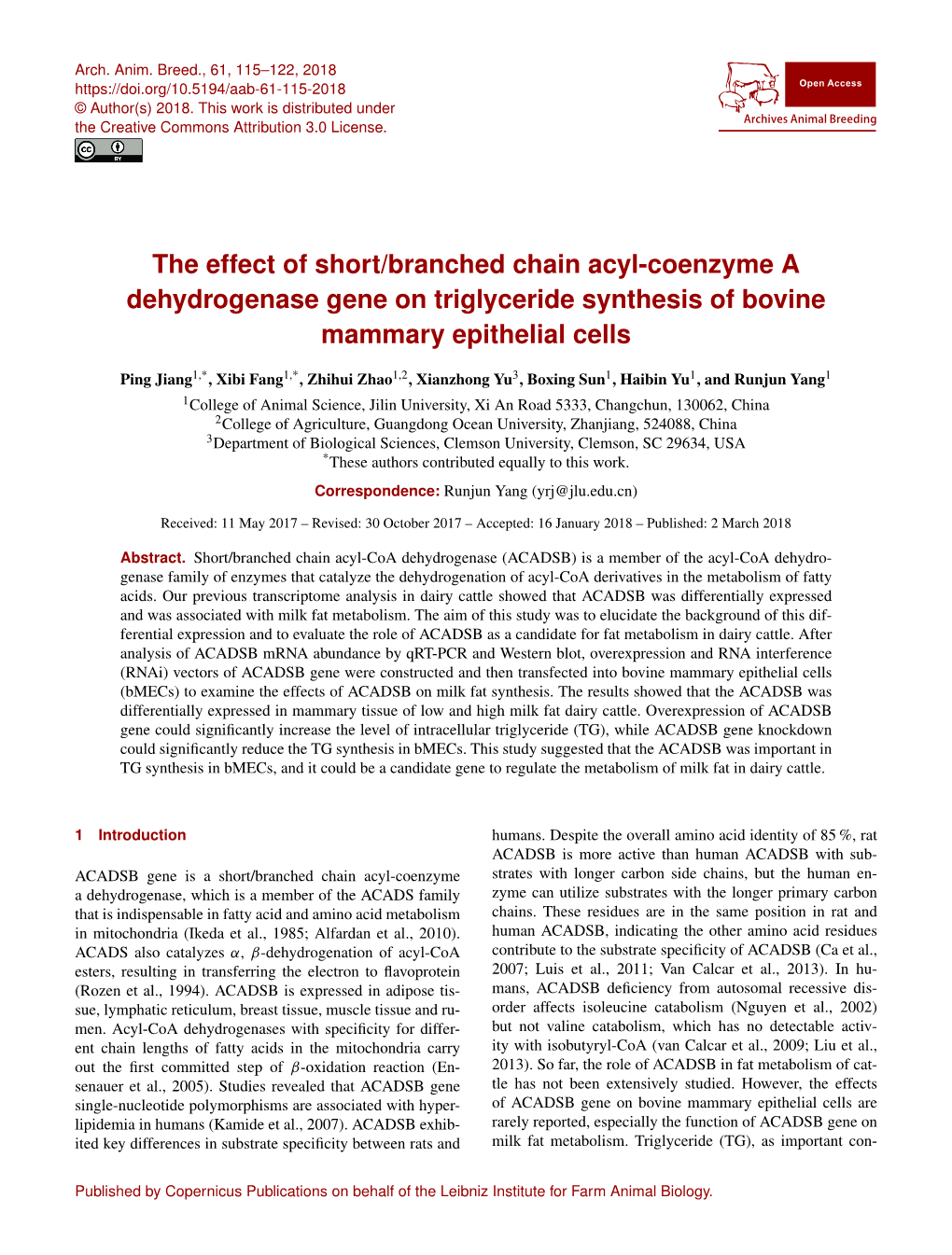 The Effect of Short/Branched Chain Acyl-Coenzyme a Dehydrogenase Gene on Triglyceride Synthesis of Bovine Mammary Epithelial Cells