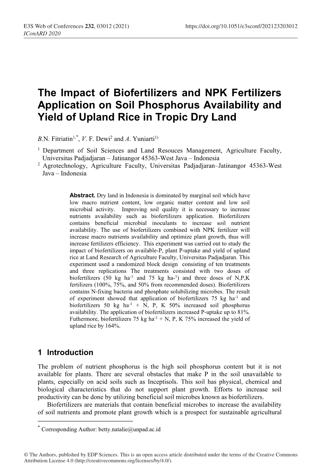 The Impact of Biofertilizers and NPK Fertilizers Application on Soil Phosphorus Availability and Yield of Upland Rice in Tropic Dry Land