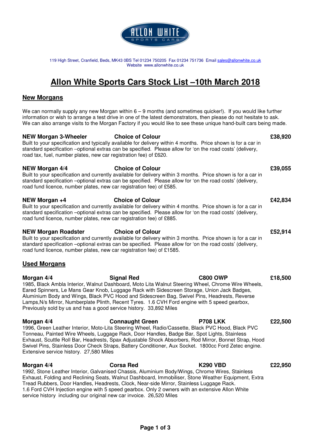 Allon White Sports Cars Stock List –10Th March 2018