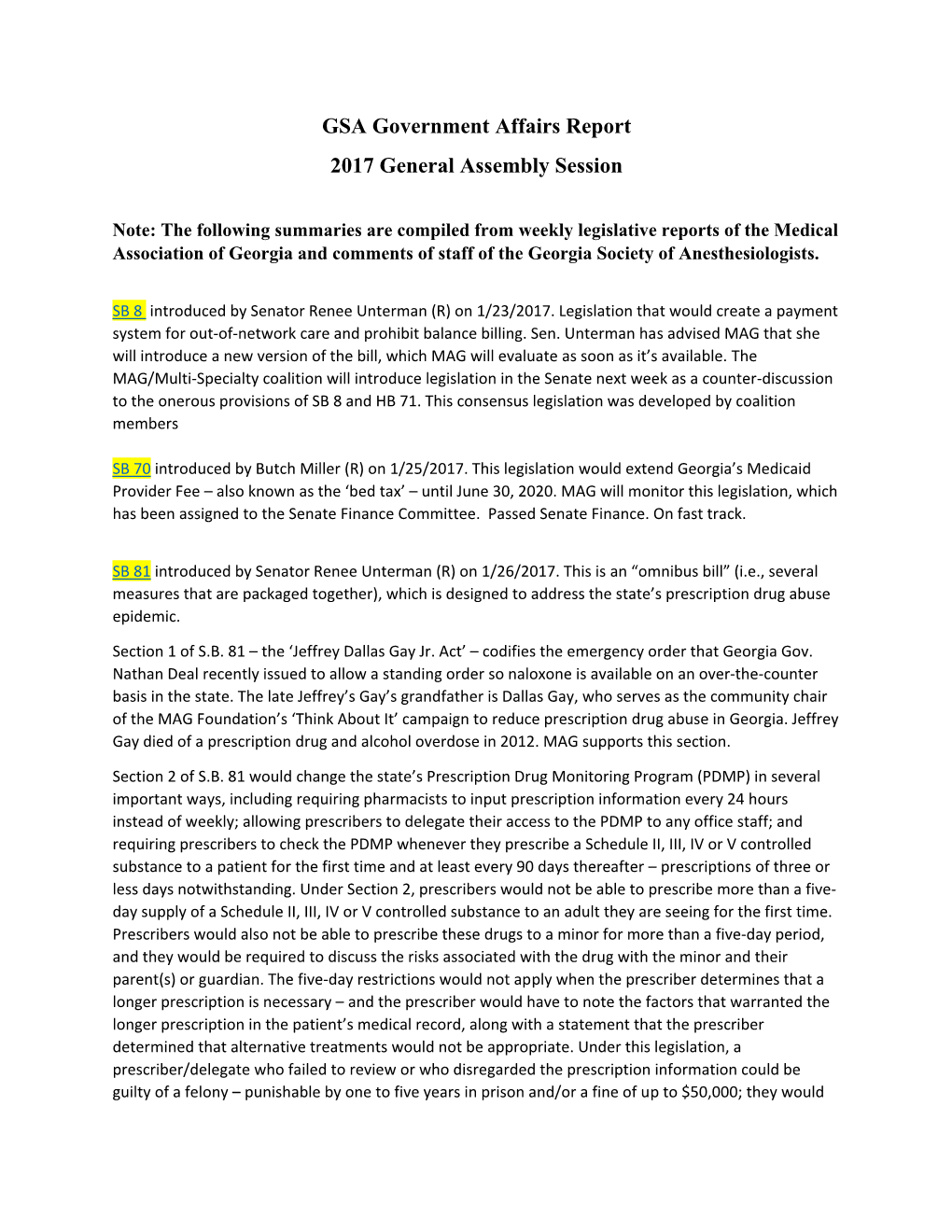 GSA Government Affairs Report 2017 General Assembly Session