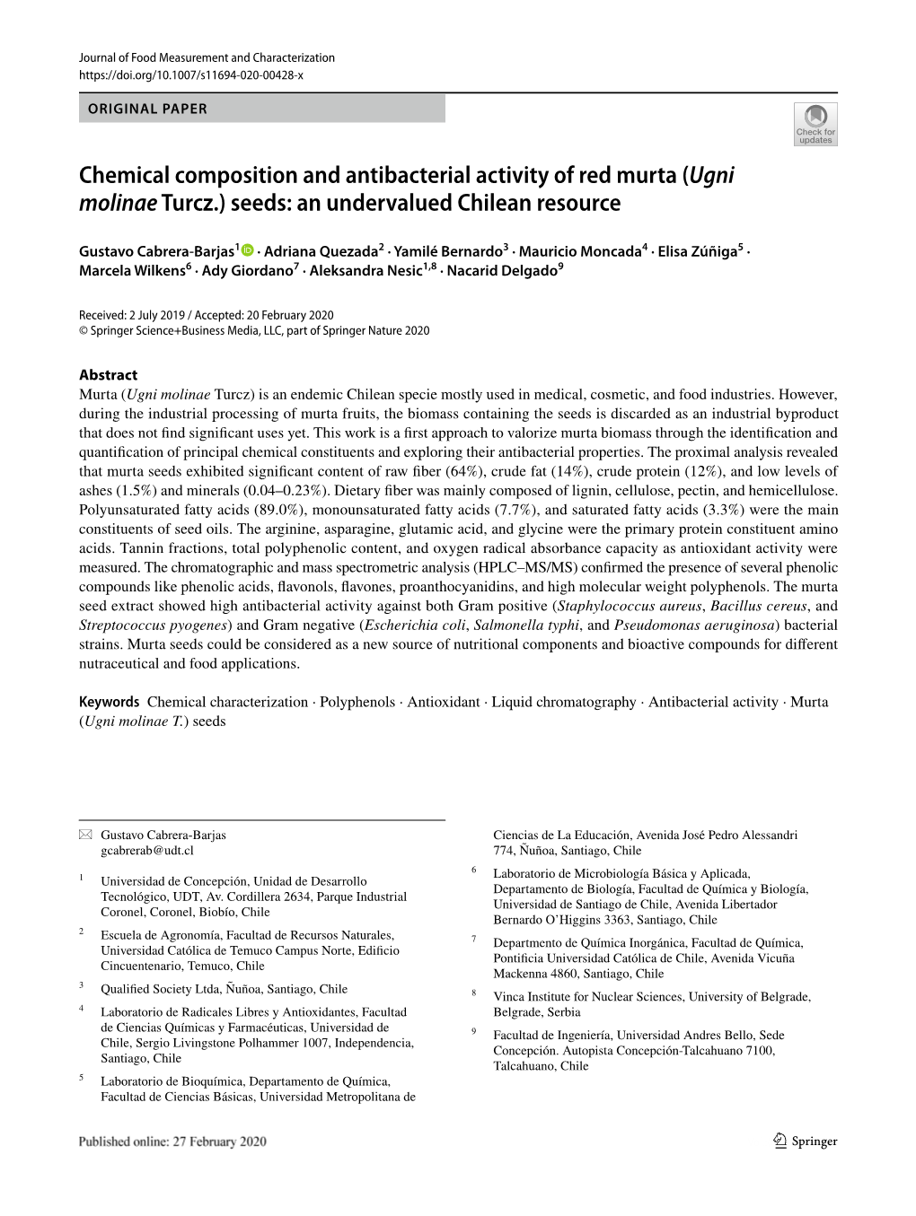 Chemical Composition and Antibacterial Activity of Red Murta (Ugni Molinae Turcz.) Seeds: an Undervalued Chilean Resource