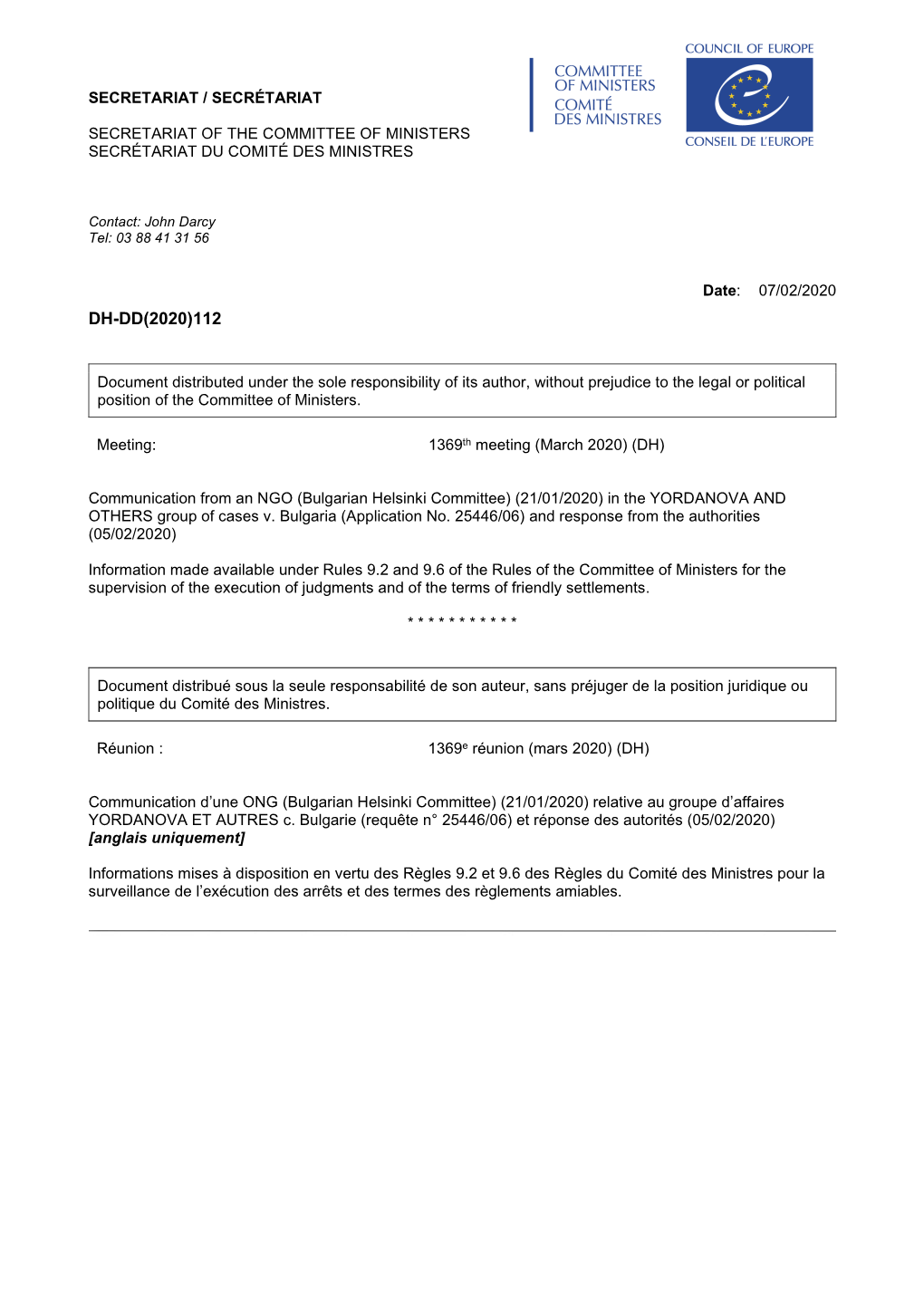 Committee of Ministers Secrétariat Du Comité Des Ministres