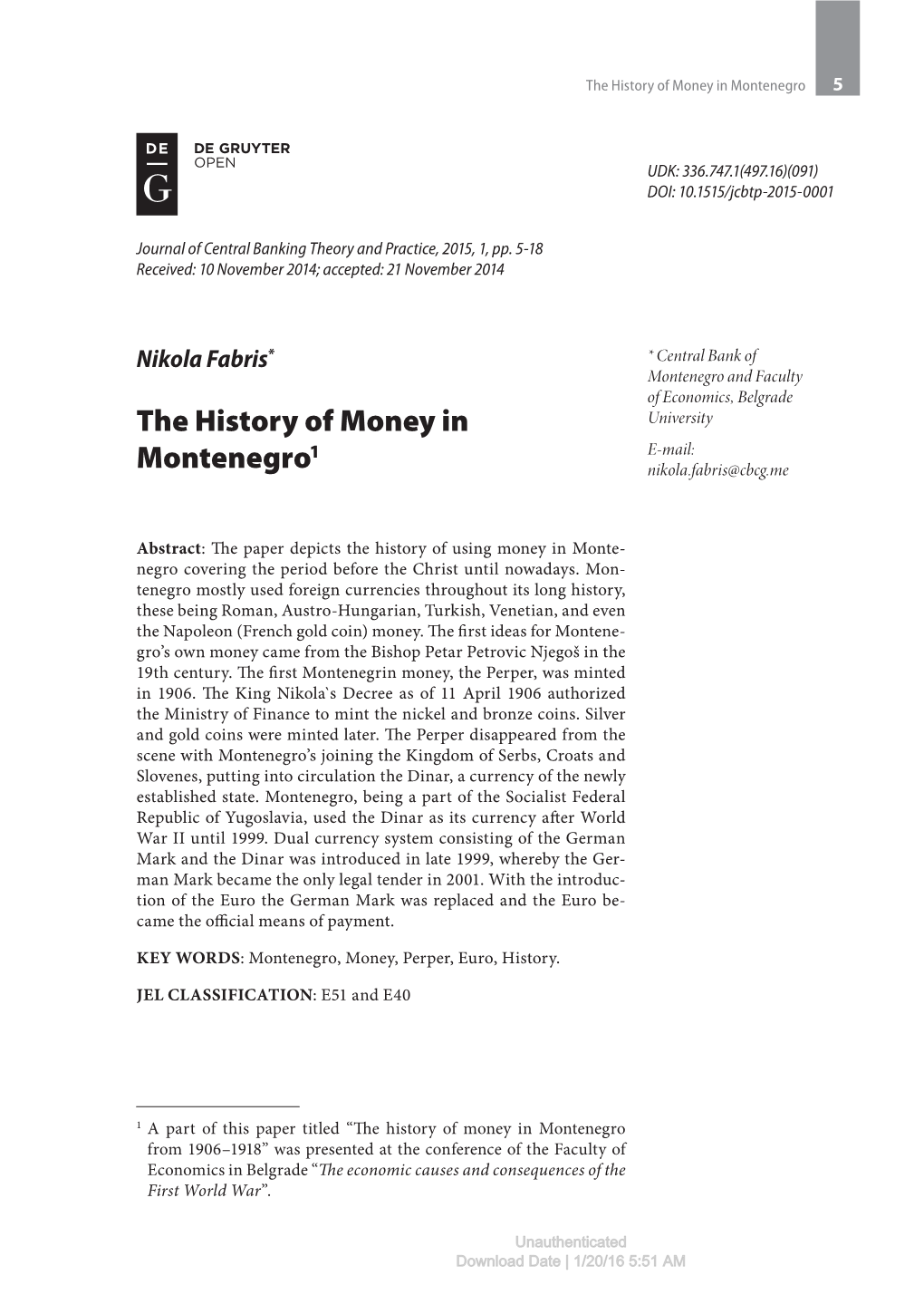 The History of Money in Montenegro1