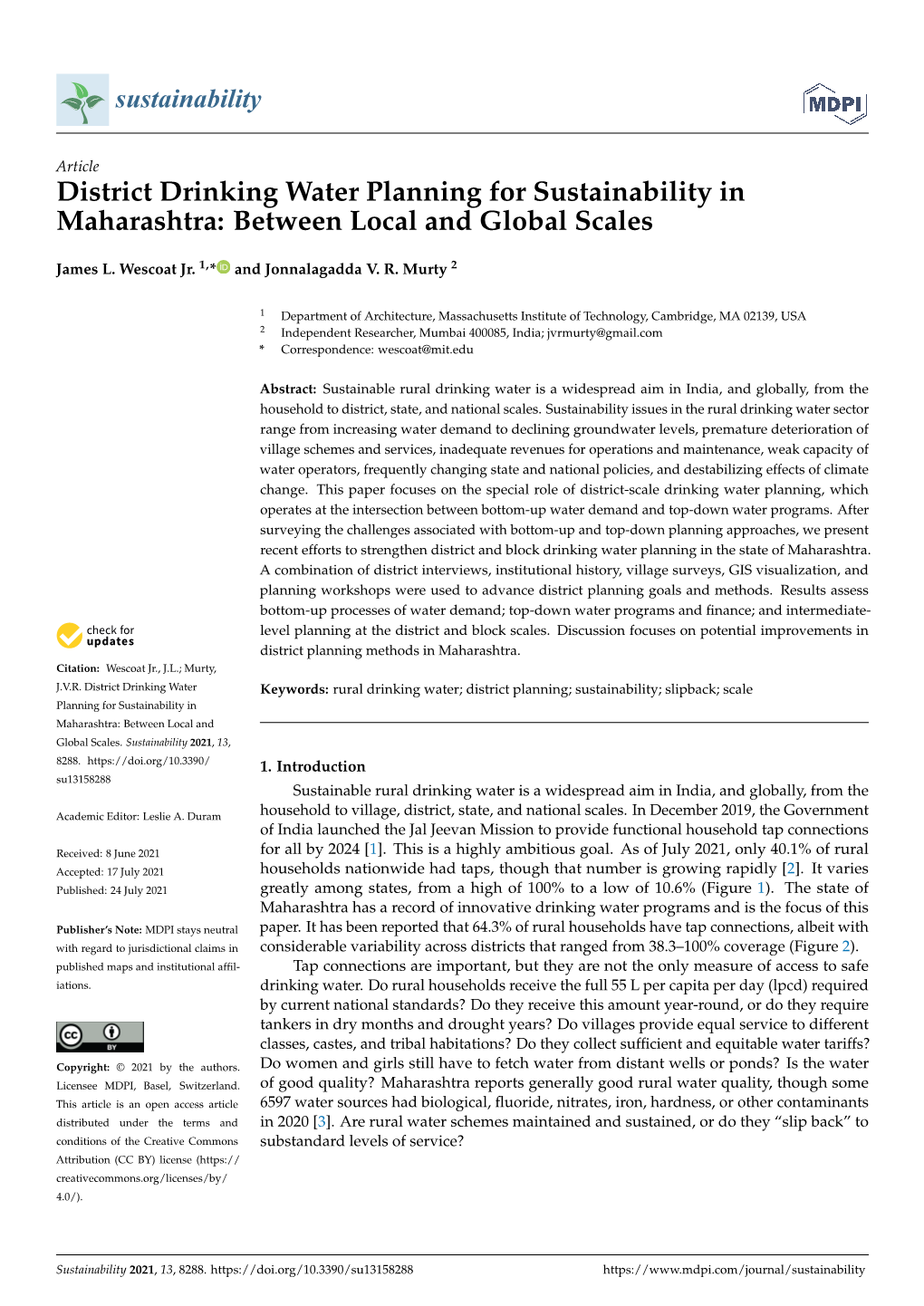 District Drinking Water Planning for Sustainability in Maharashtra: Between Local and Global Scales