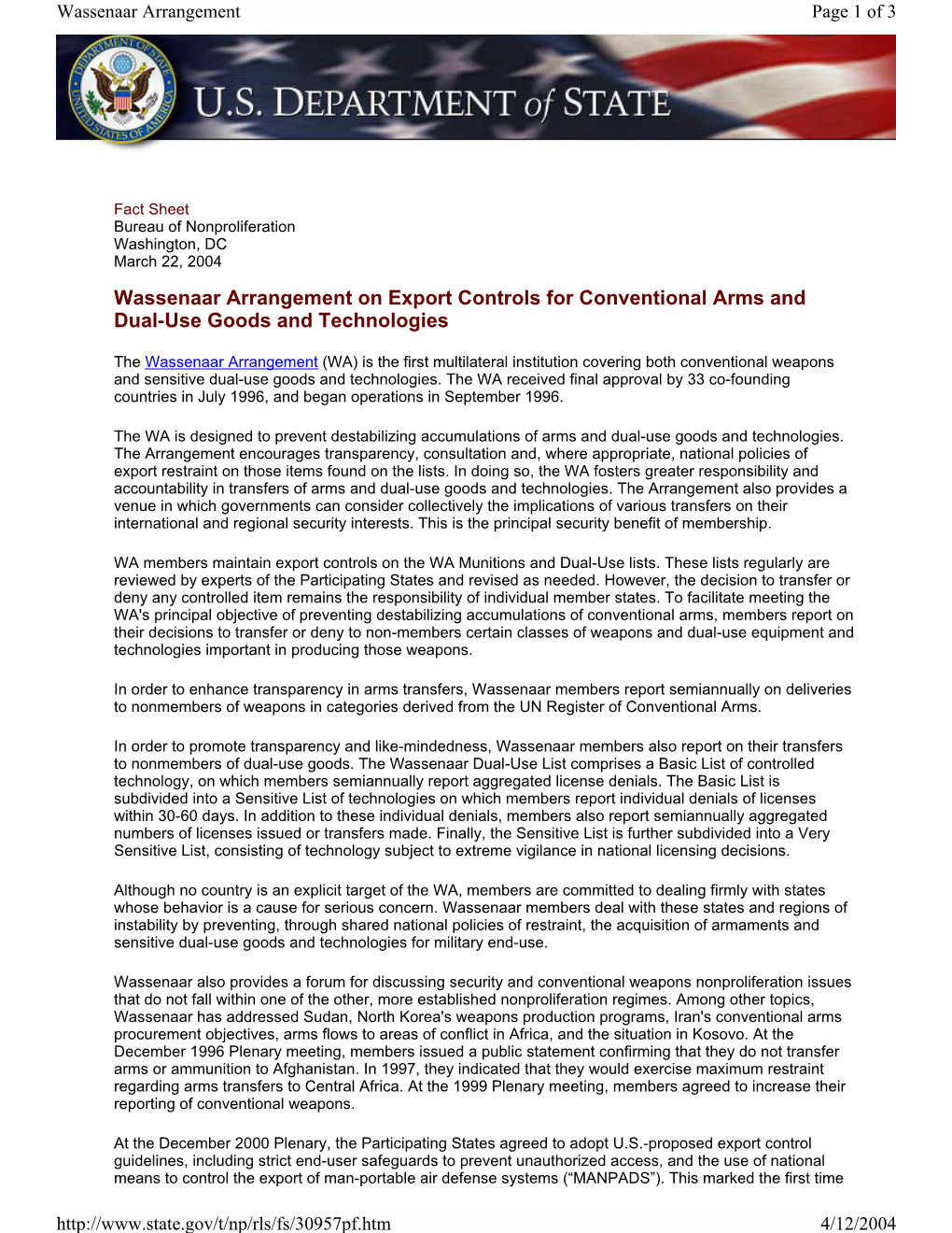 Wassenaar Arrangement on Export Controls for Conventional Arms and Dual-Use Goods and Technologies