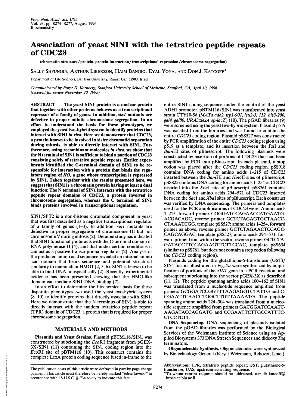 Association Ofyeast SIN1 Withthe Tetratrico Peptide Repeats of CDC23