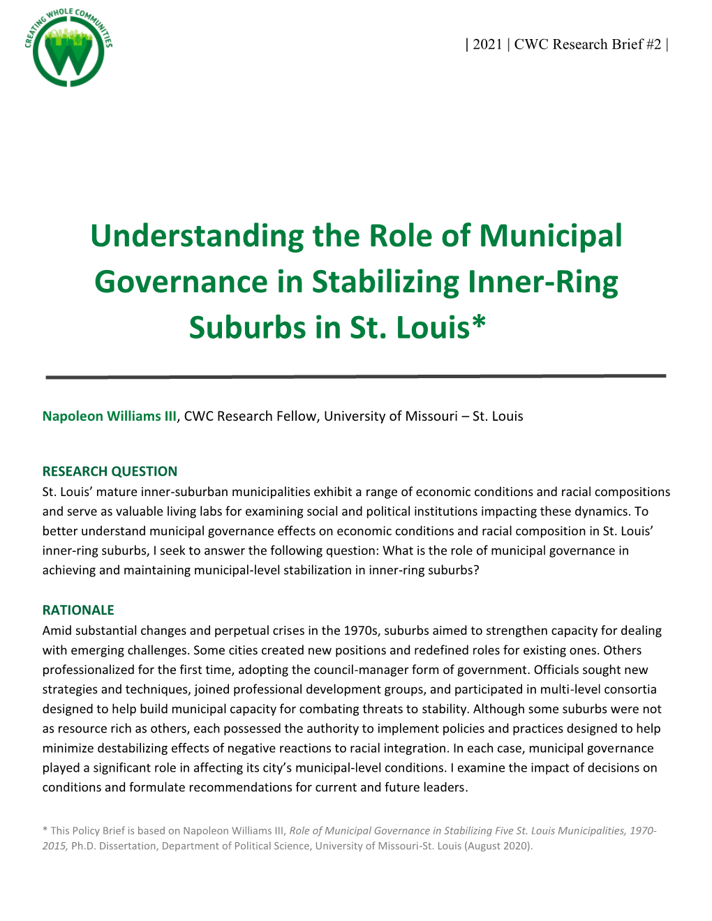 Understanding the Role of Municipal Governance in Stabilizing Inner-Ring Suburbs in St