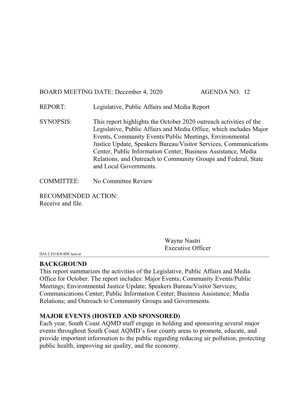 12. Legislative, Public Affairs, and Media Report