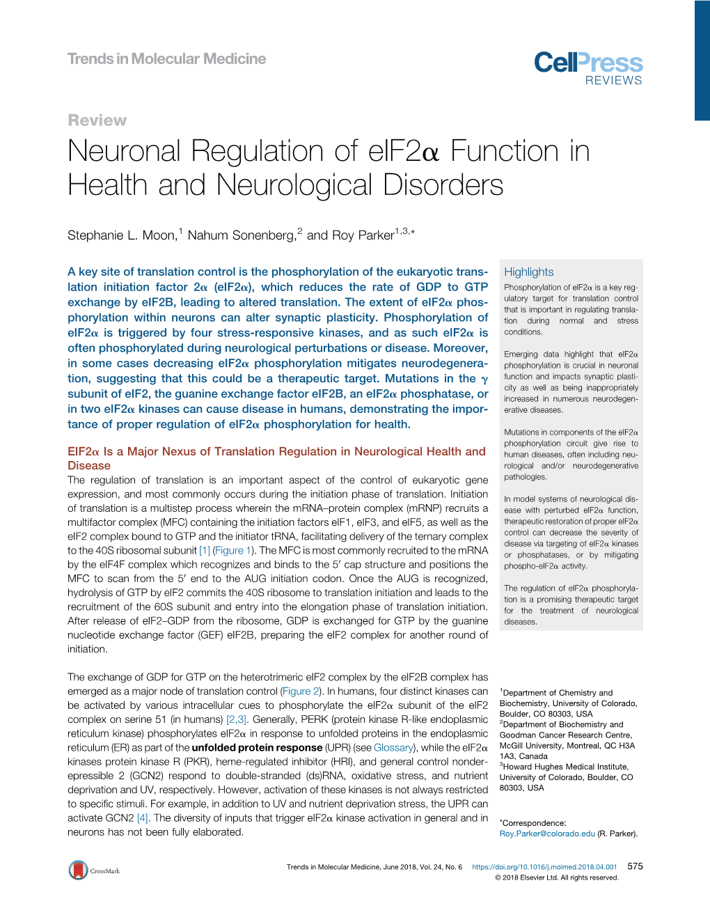 Neuronal Regulation of Eif2a Function in Health