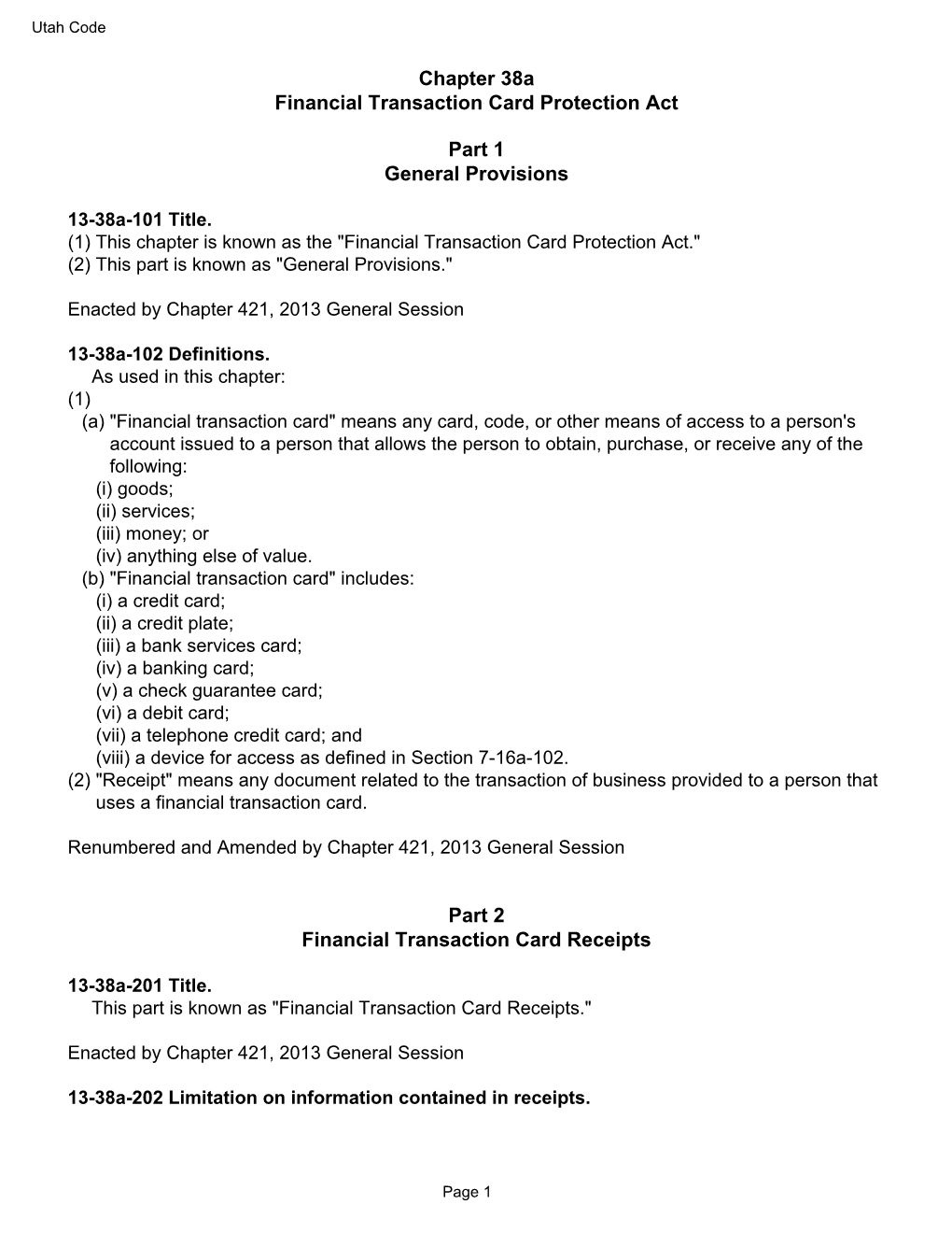 Chapter 38A Financial Transaction Card Protection Act Part 1 General