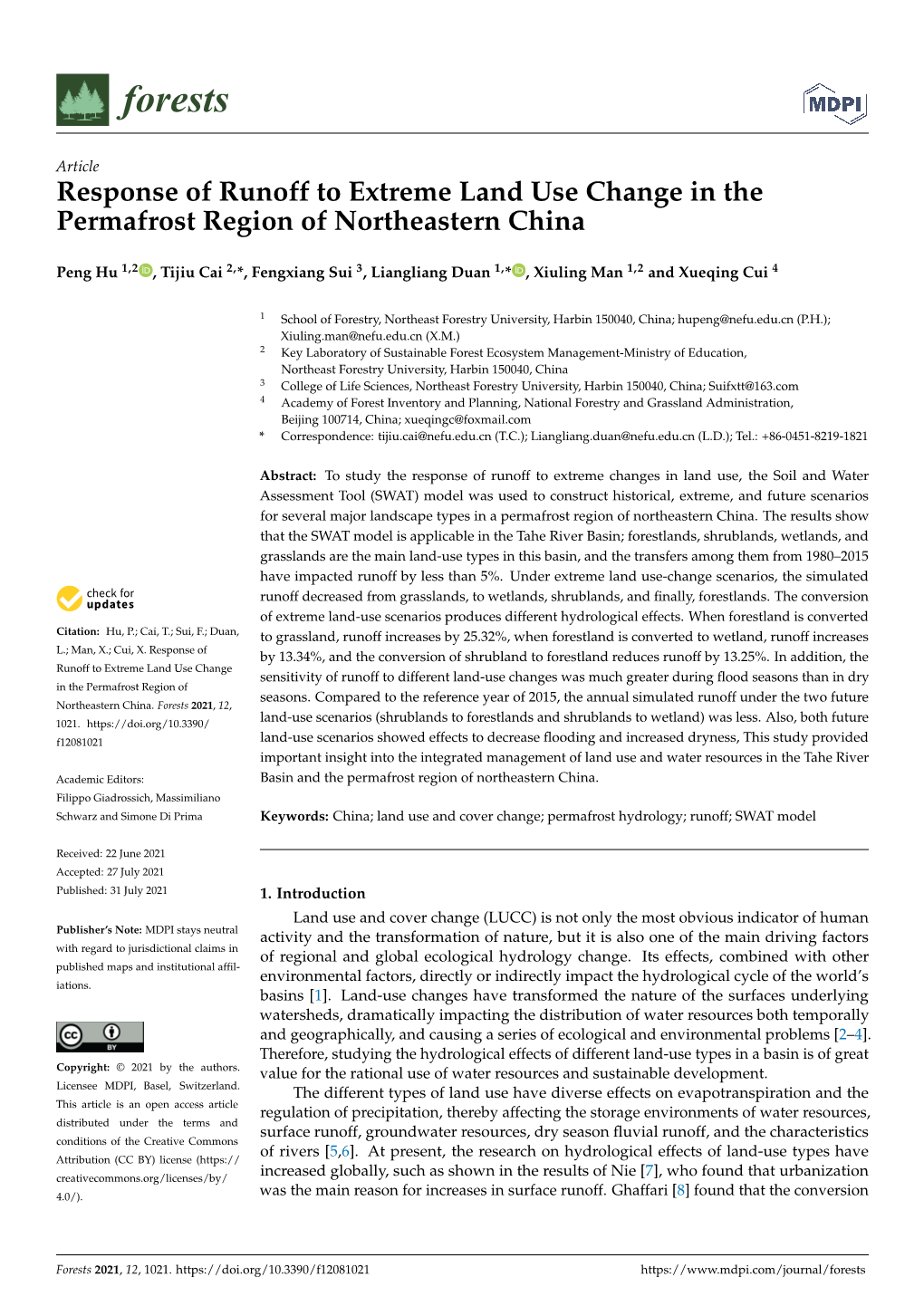 Response of Runoff to Extreme Land Use Change in the Permafrost Region of Northeastern China