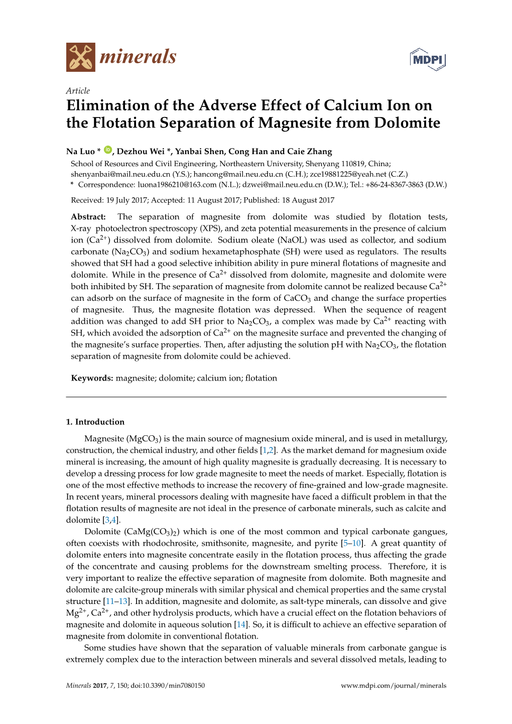 Elimination of the Adverse Effect of Calcium Ion on the Flotation Separation of Magnesite from Dolomite