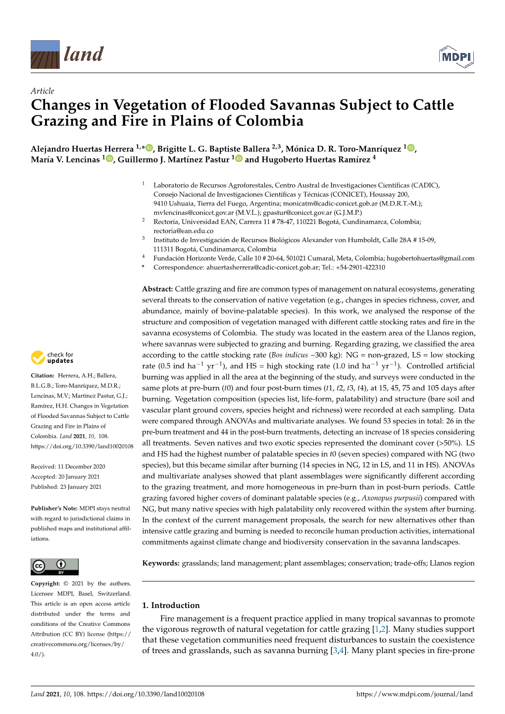 Changes in Vegetation of Flooded Savannas Subject to Cattle Grazing and Fire in Plains of Colombia