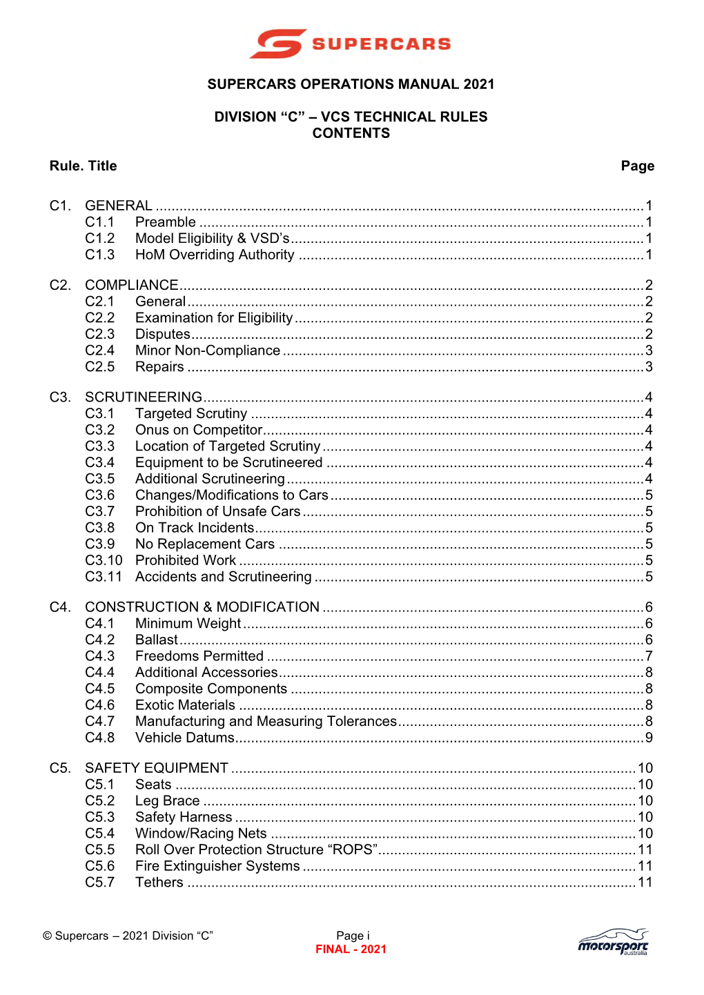 Division “C” – Vcs Technical Rules Contents