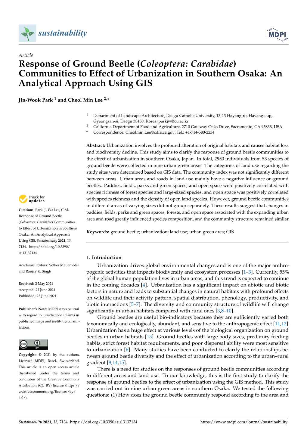 Response of Ground Beetle (Coleoptera: Carabidae) Communities to Effect of Urbanization in Southern Osaka: an Analytical Approach Using GIS
