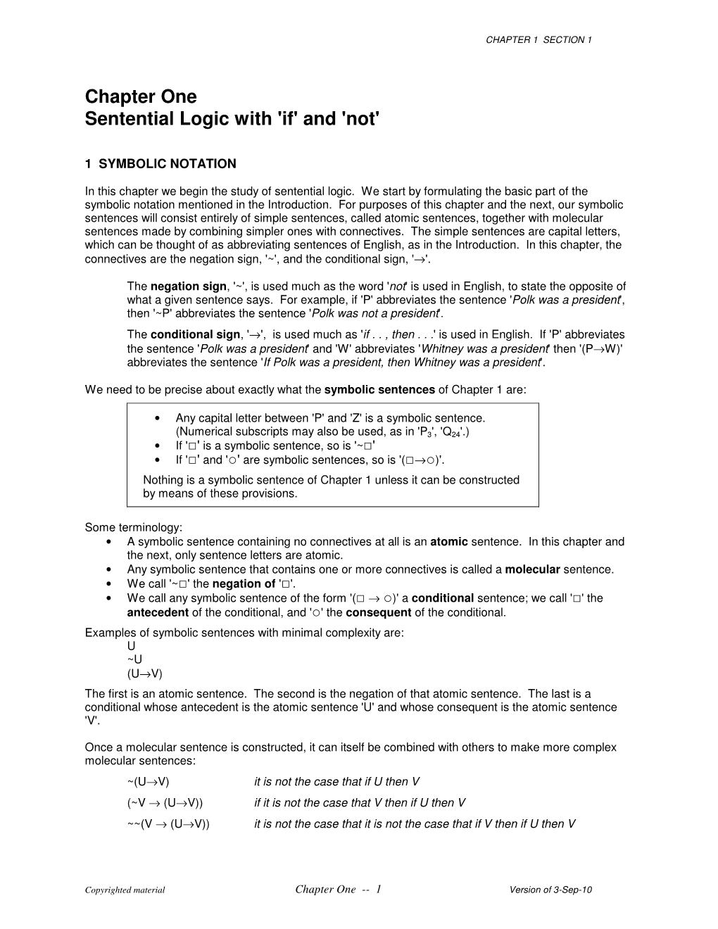 Chapter One Sentential Logic with 'If' and 'Not'