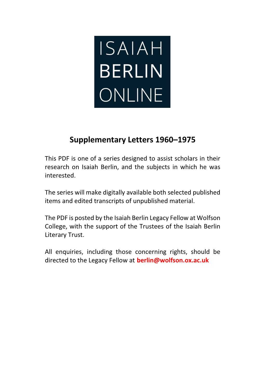 Supplementary Letters 1960–1975