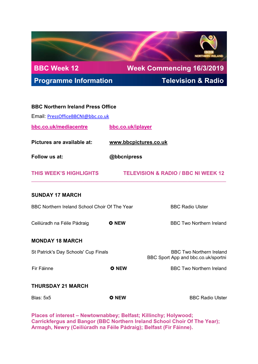 BBC Week 12 Programme Information Week Commencing 16/3/2019