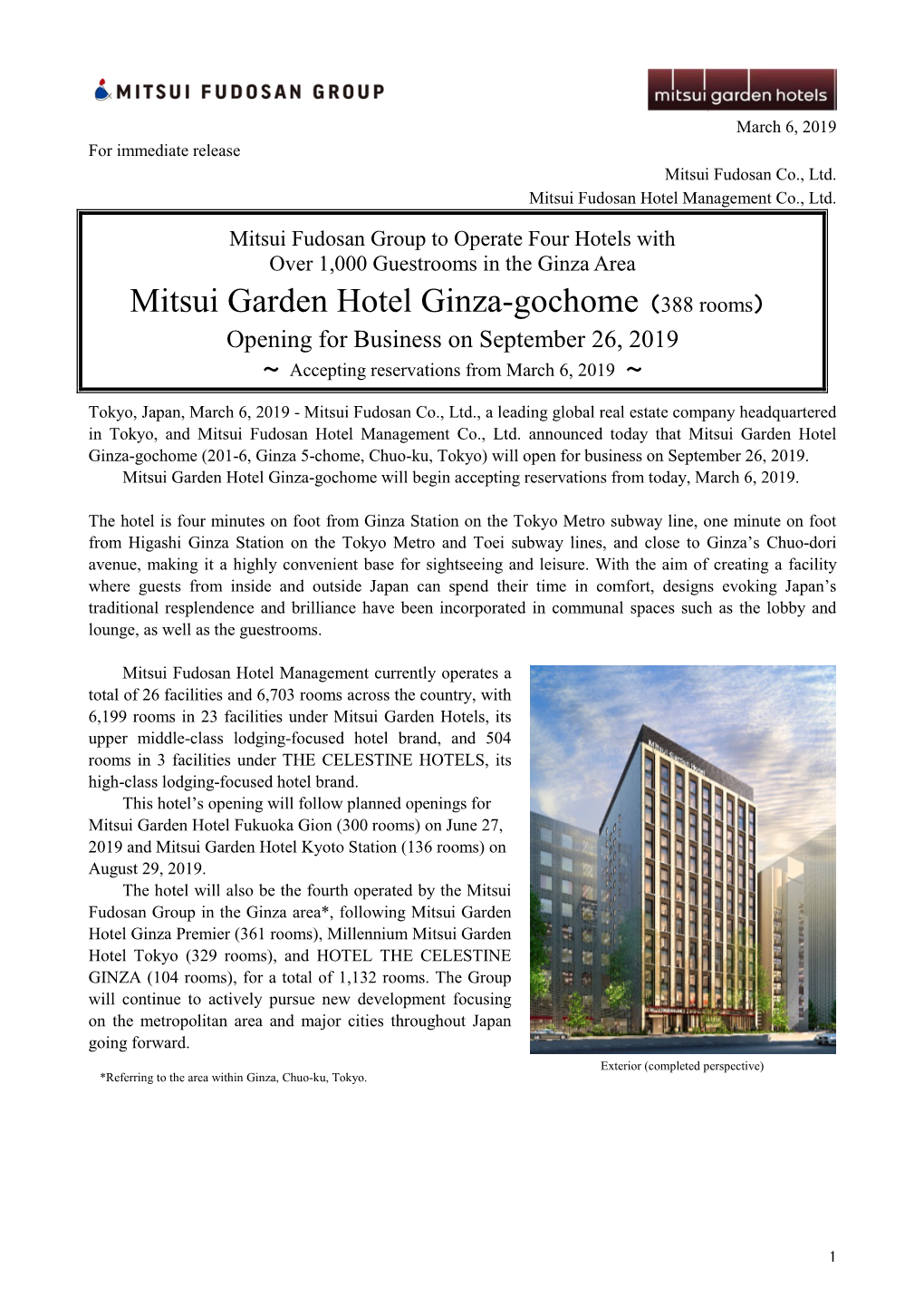 Mitsui Garden Hotel Ginza-Gochome（388 Rooms） Opening for Business on September 26, 2019 ～ Accepting Reservations from March 6, 2019 ～