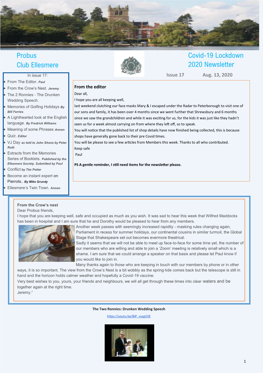 Probus Club Ellesmere Covid-19 Lockdown 2020 Newsletter
