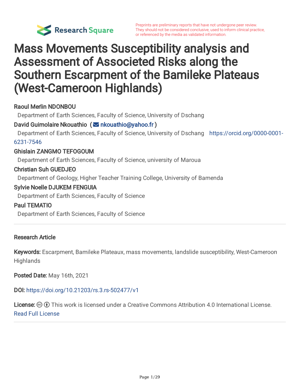 Mass Movements Susceptibility Analysis and Assessment of Associeted Risks Along the Southern Escarpment of the Bamileke Plateaus (West-Cameroon Highlands)