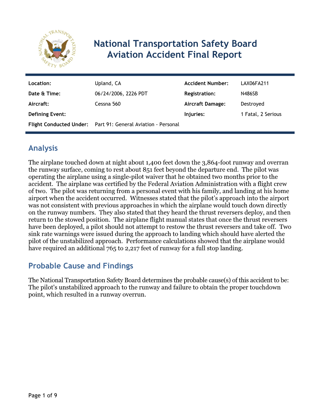 National Transportation Safety Board Aviation Accident Final Report