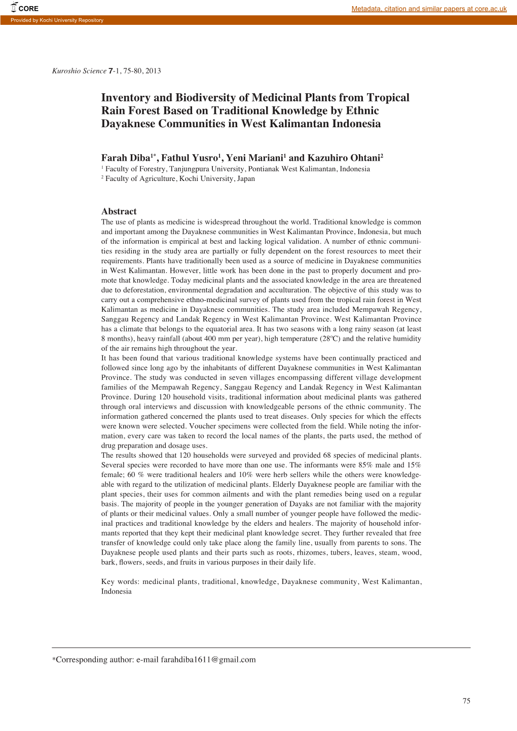 Inventory and Biodiversity of Medicinal Plants from Tropical Rain Forest Based on Traditional Knowledge by Ethnic Dayaknese Communities in West Kalimantan Indonesia