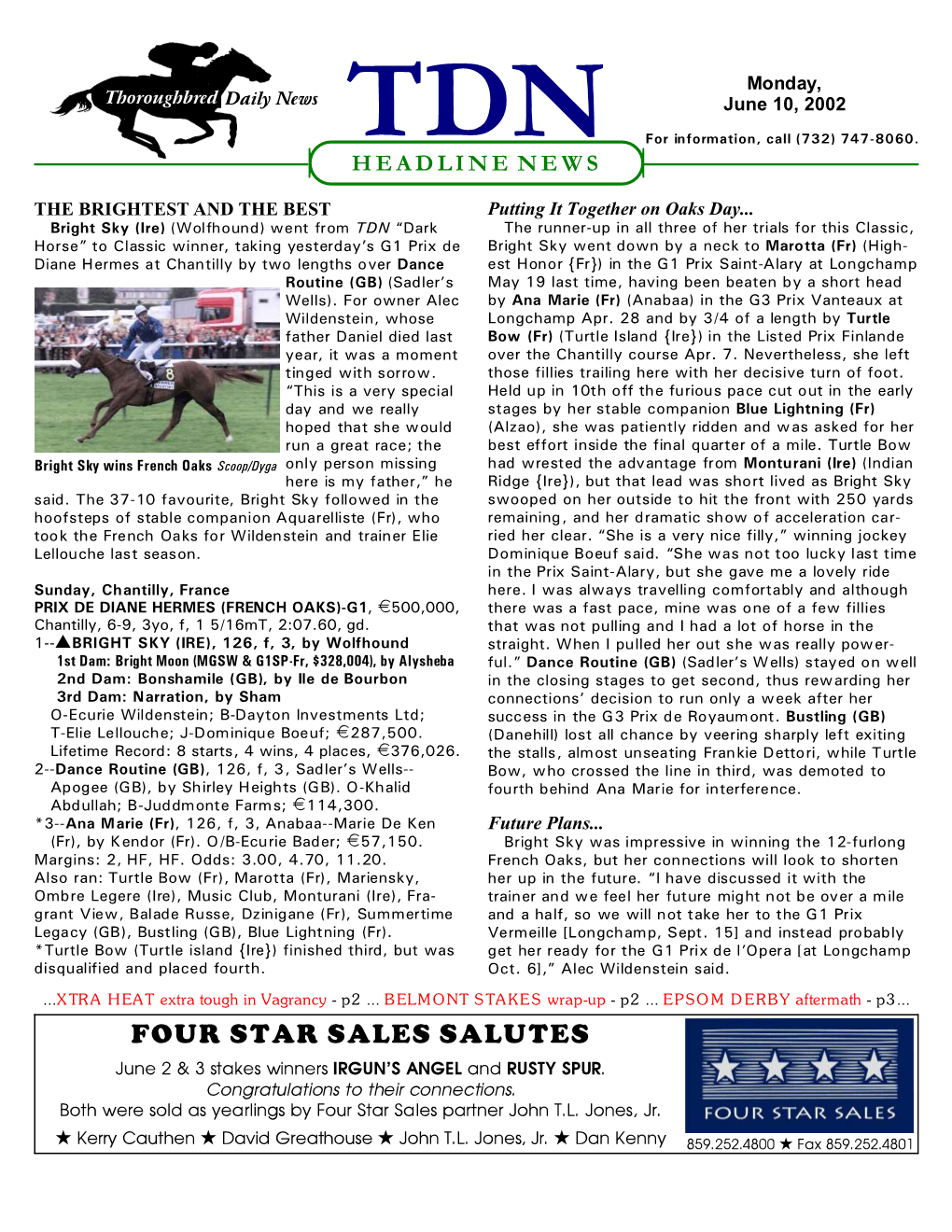 FOUR STAR SALES SALUTES June 2 & 3 Stakes Winners IRGUN’S ANGEL and RUSTY SPUR