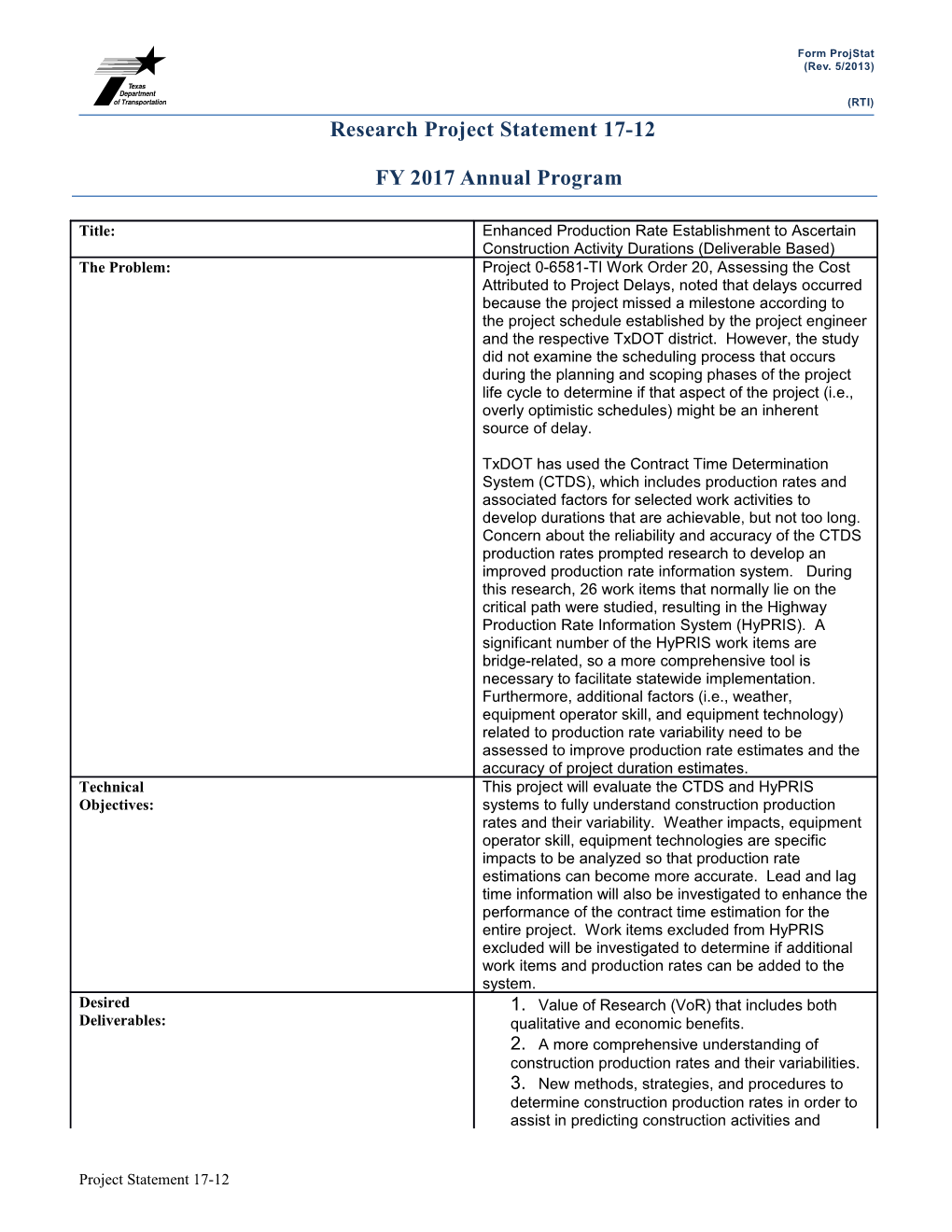 Form Projstat (Rev. 5/2013)