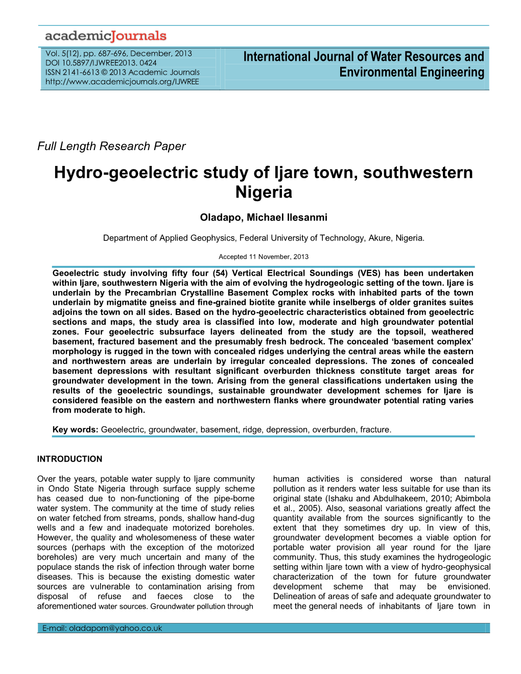 Hydro-Geoelectric Study of Ijare Town, Southwestern Nigeria