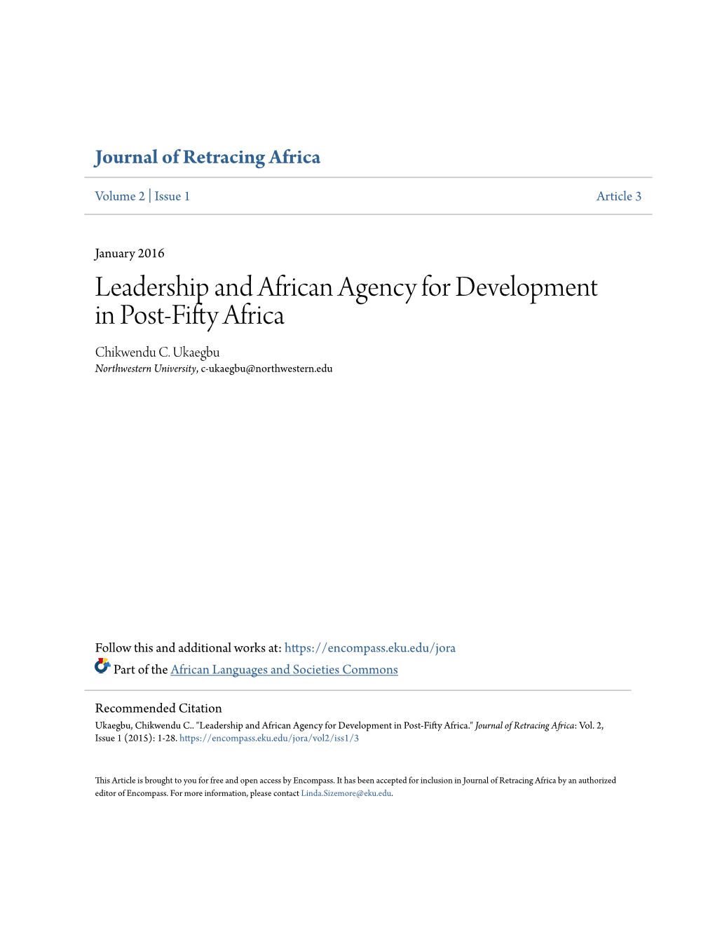 Leadership and African Agency for Development in Post-Fifty Africa Chikwendu C
