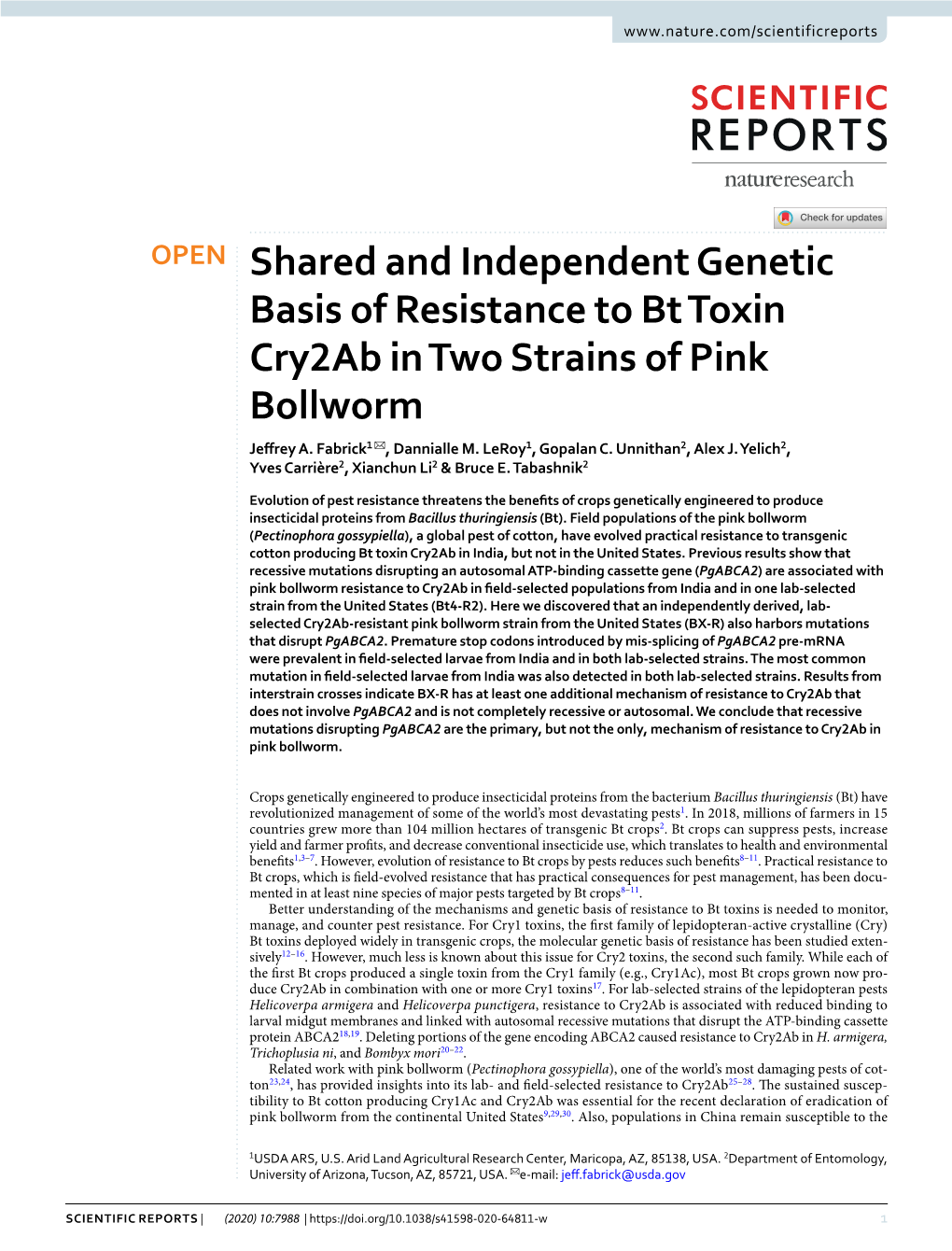 Shared and Independent Genetic Basis of Resistance to Bt Toxin Cry2ab in Two Strains of Pink Bollworm Jefrey A
