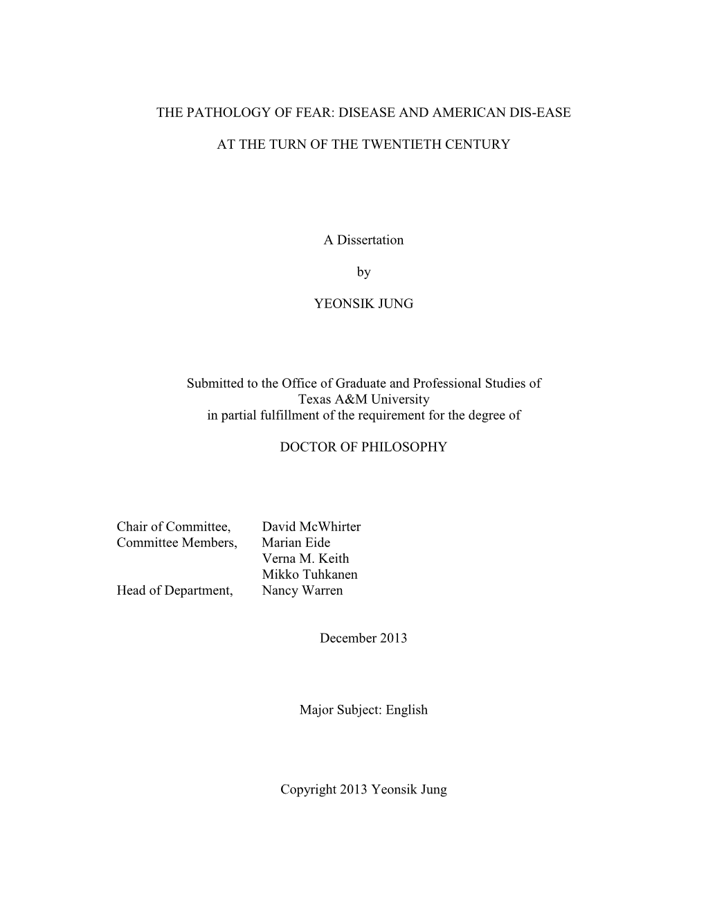 The Pathology of Fear: Disease and American Dis-Ease