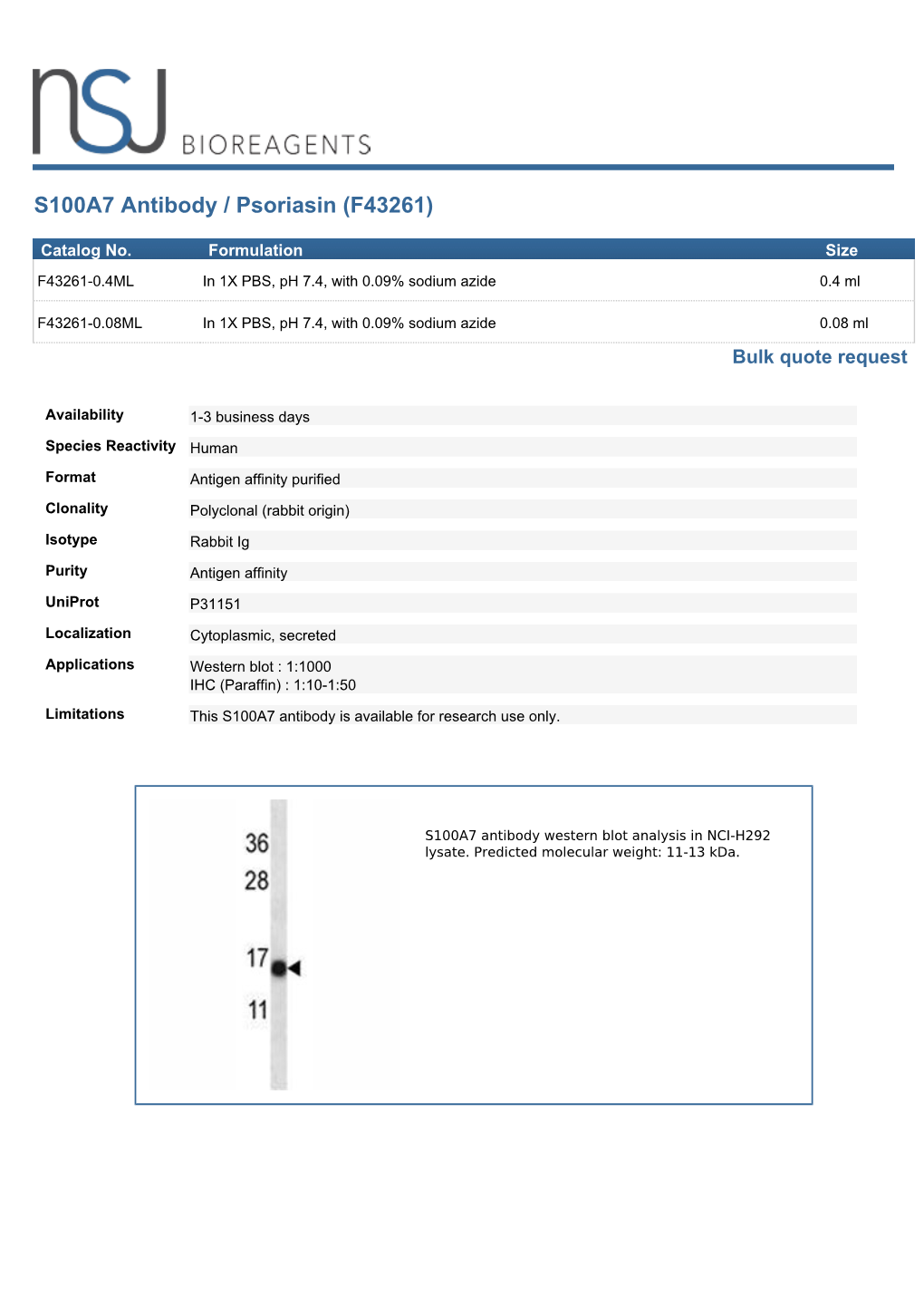 S100A7 Antibody / Psoriasin (F43261)