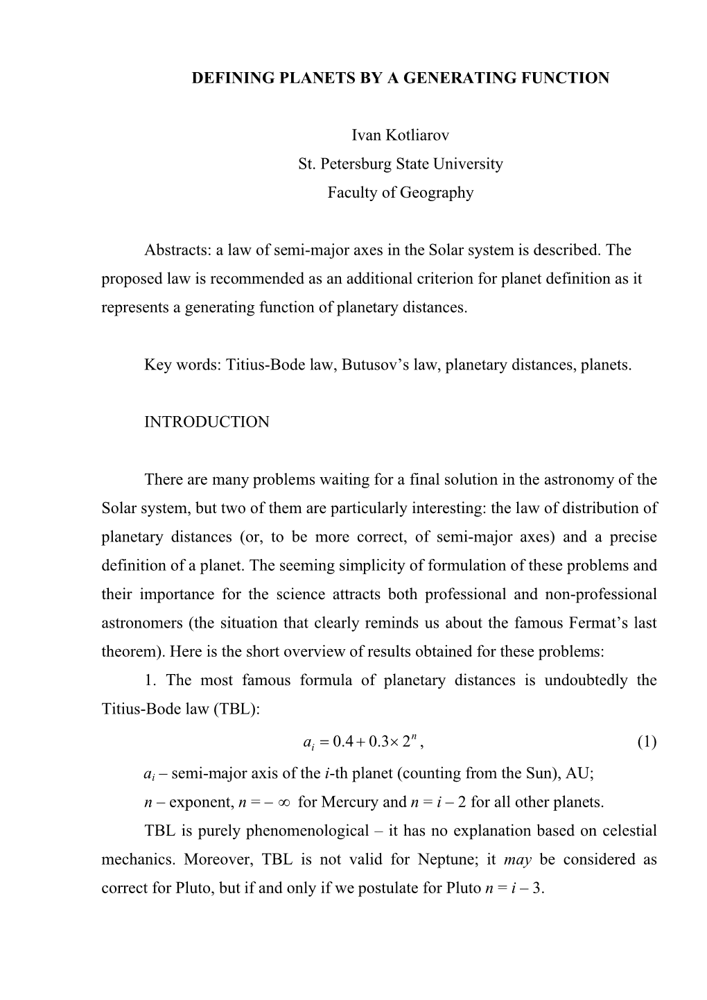 Defining Planets by a Generating Function